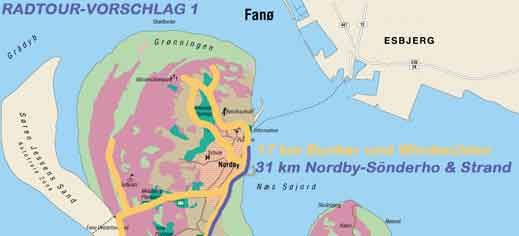 Karte für Fanö/Dänemark | Landkarte | Bunker | Wandern